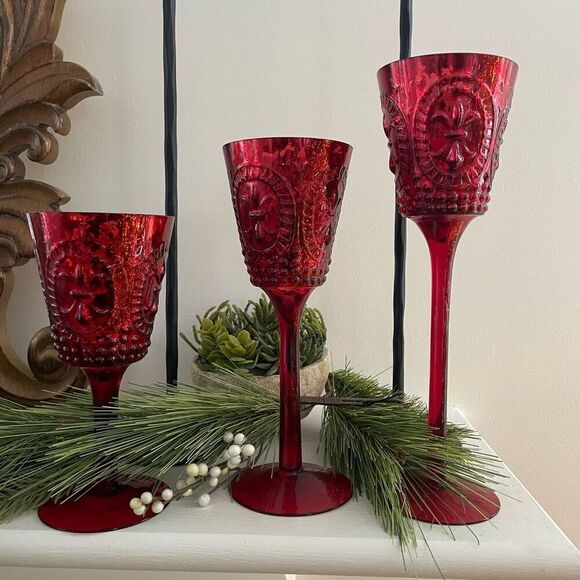 3 Creative Co-Op Metallic Red Foil Mercury Glass Chalice Candle Holders Christma - Picture 1 of 6